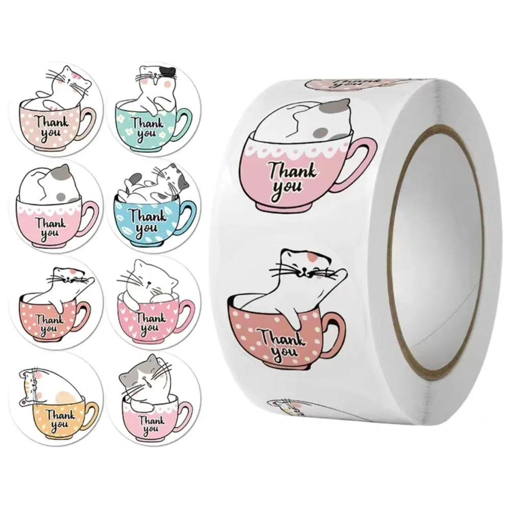 500pcs Hand-Painted Cat Pattern Thank You Stickers